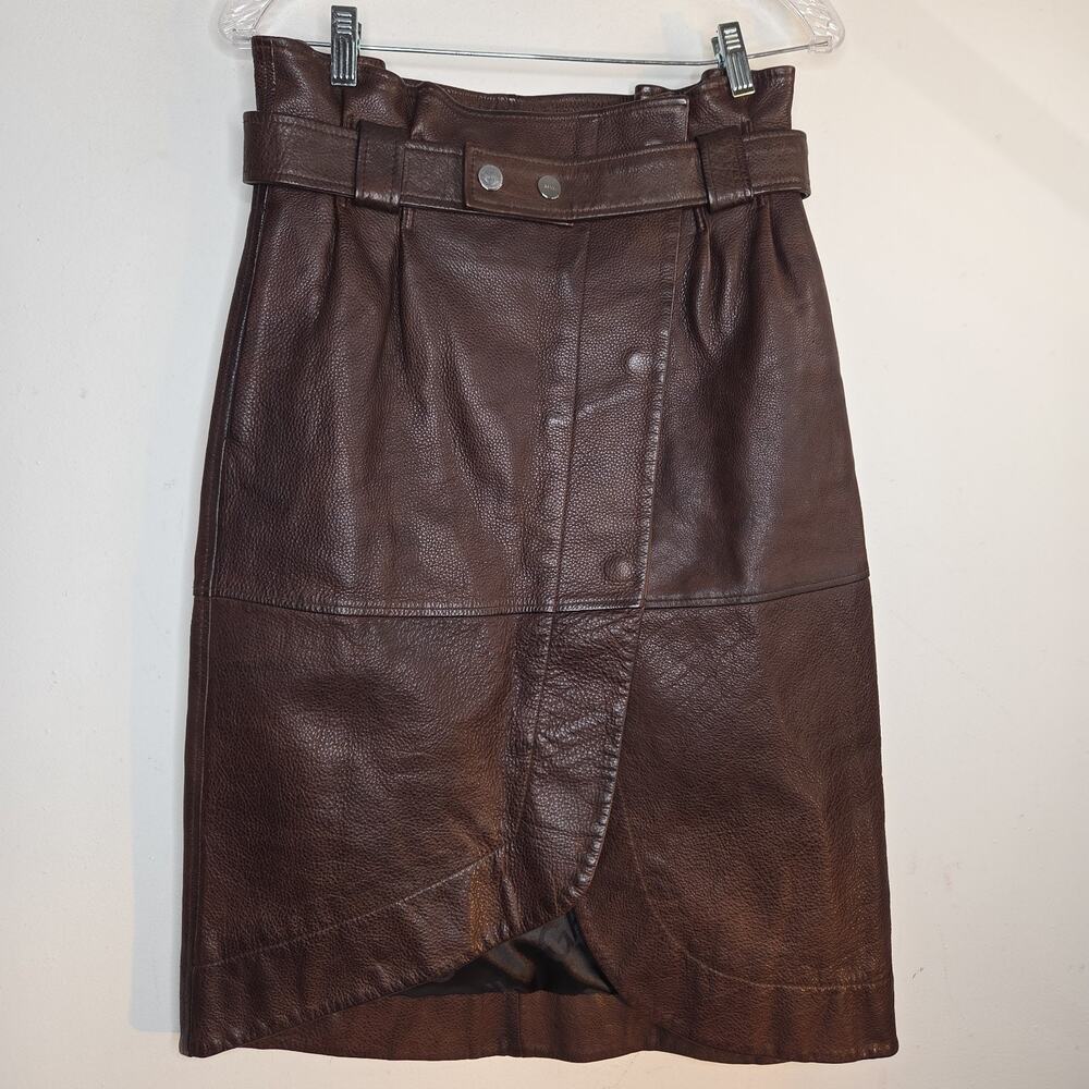 GANNI Brown Genuine Leather Belted Wrap Midi Skirt Size EU 36 S US 4 29" Cow